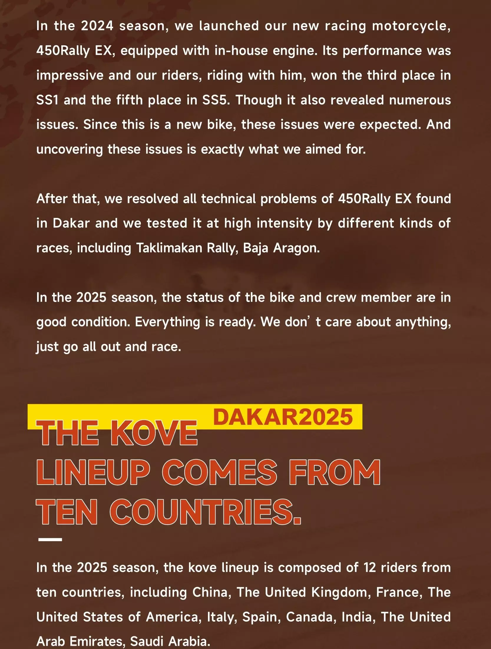 Dakar 2025 - The KOVE Team Is Composed Of Riders From Ten Countries