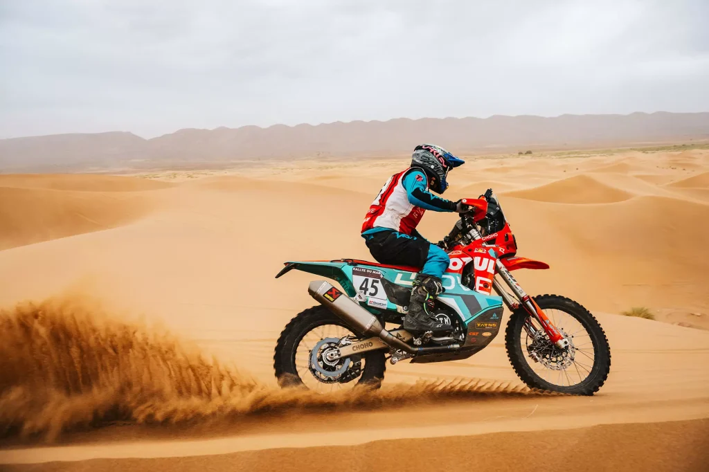 KOVE rally motorcycle action shot at Rallye du Maroc
