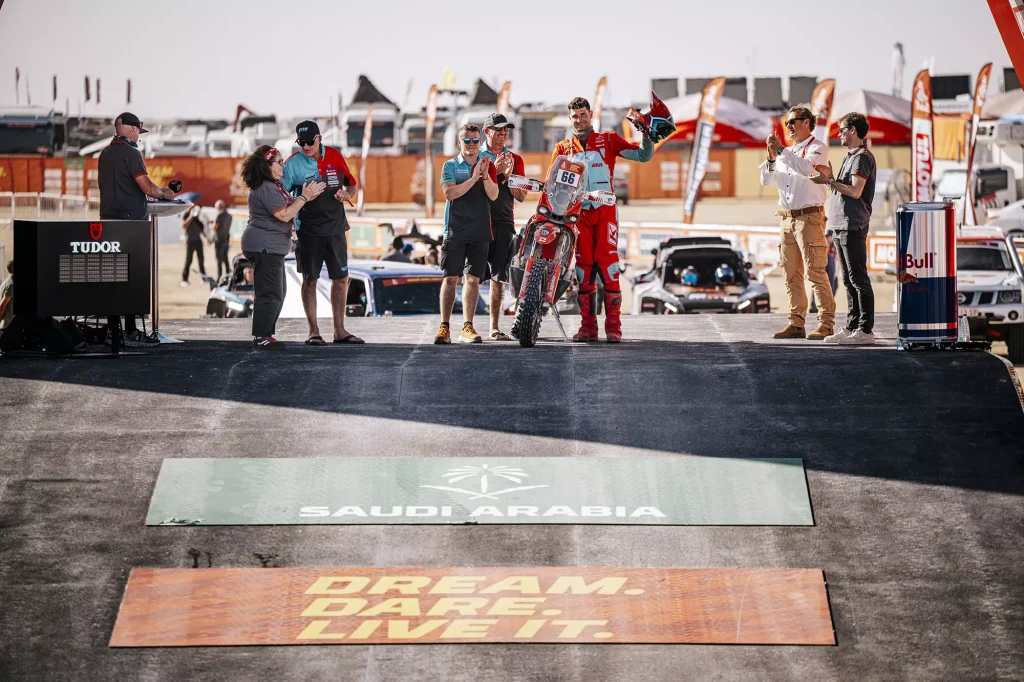 KOVE 450 Rally EX motorcycle on the Dakar Rally start podium