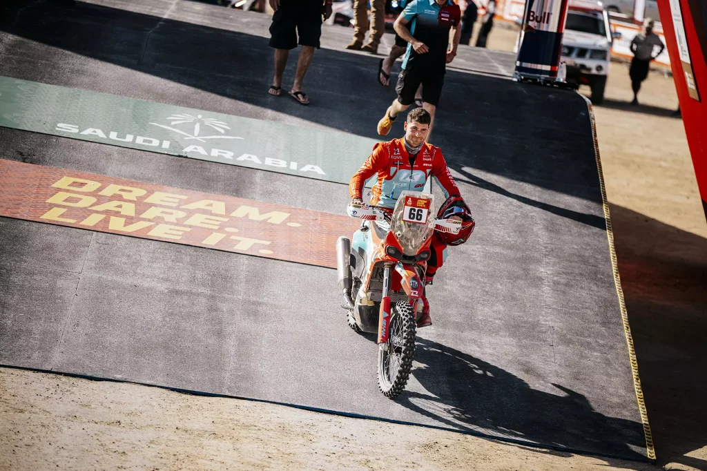 KOVE Rally Factory Team rider at the 2026 Dakar Rally start podium